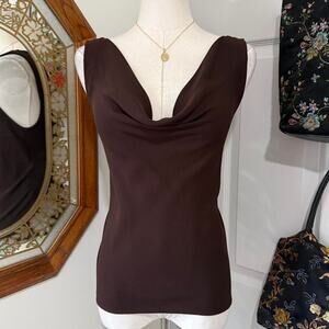 VTG Y2K SL Fashions Dark Brown Sleeveless Cowl neck Lace Up Back Tank Top 10